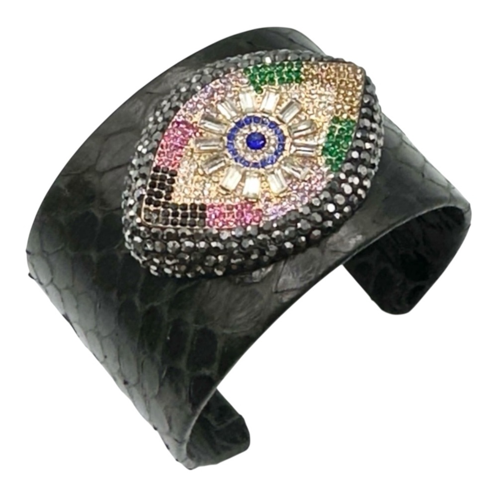 Bold Black Textured Cuff Bracelet w/ Multicolor Pavé Crystal Shield Medallion